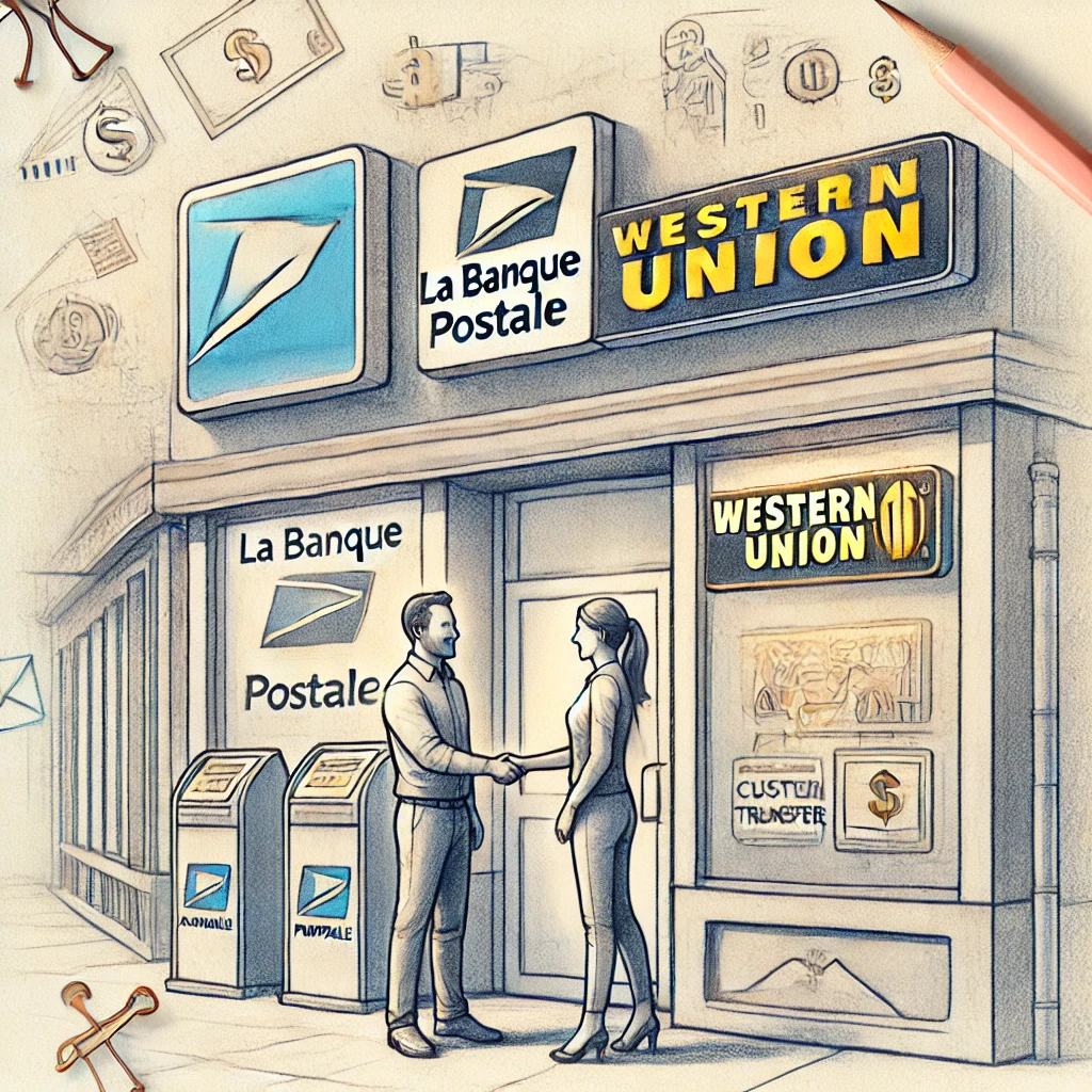 partenariat entre La Banque Postale et Western Union, avec deux personnes se serrant la main devant un bureau de La Poste et un panneau Western Union coloré.