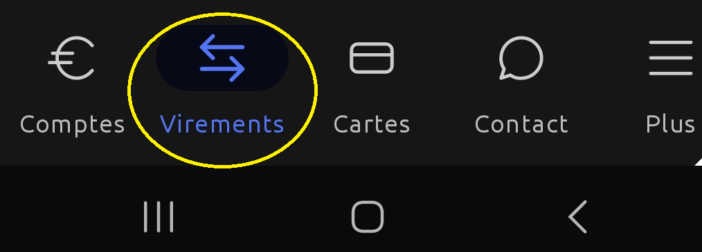 Cliquez sur "Virement" dans le menu inférieur.