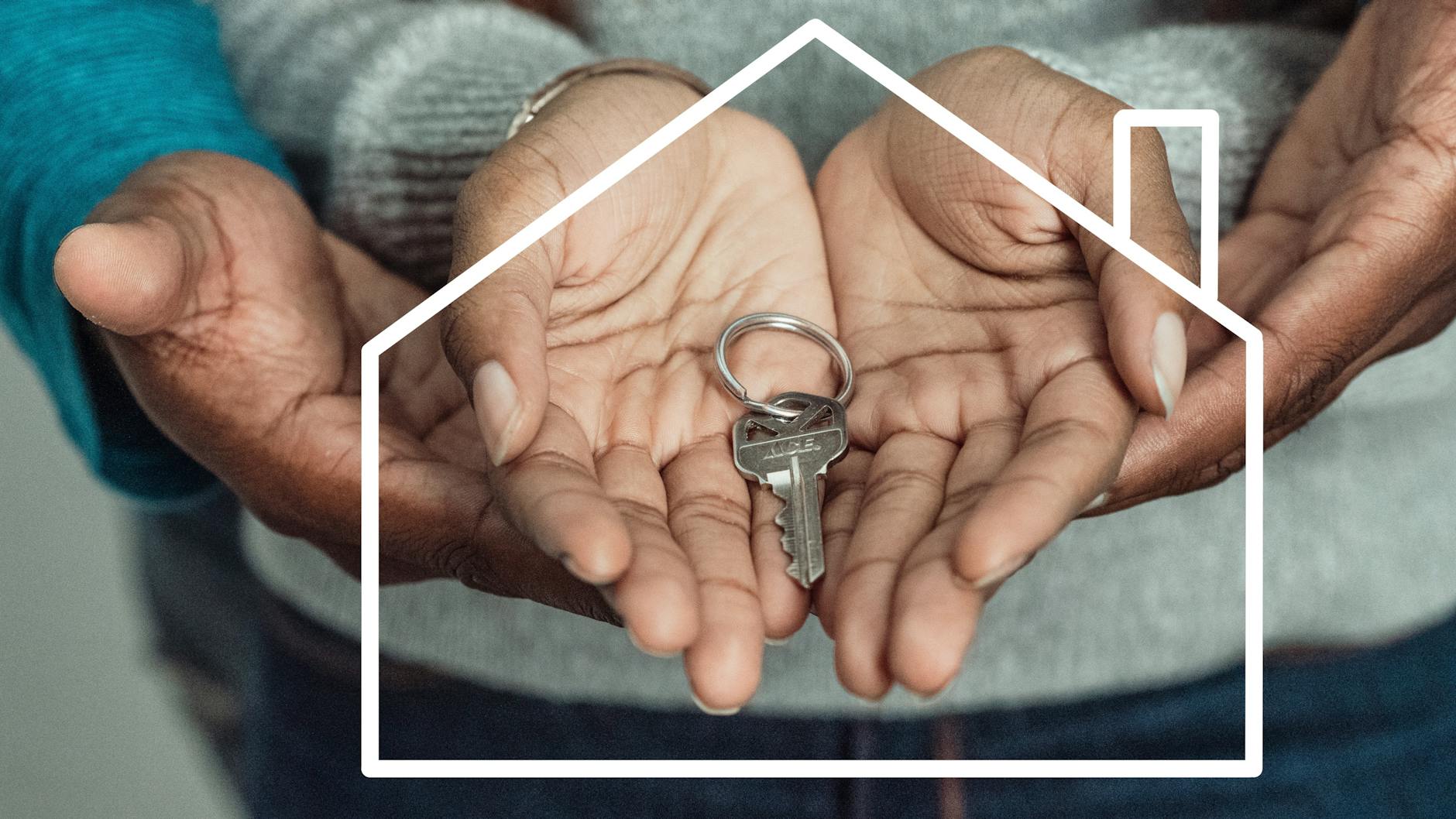 a picture of a couple s hands with a house key inside a house illustration