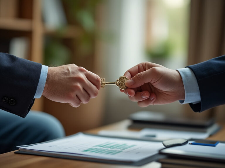 two hands passing a key above a contract